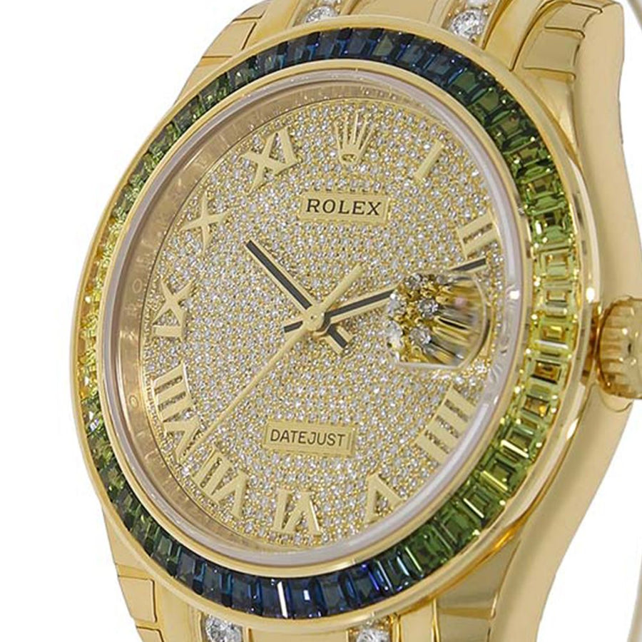 Rolex Pearlmaster 39, Datejust Yellow Gold Fancy Green Diamond Pave Dial 39MM Watch 86348SABLV