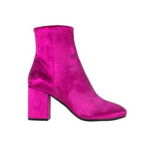 Velvet Block Heel Ankle Boots - Pink